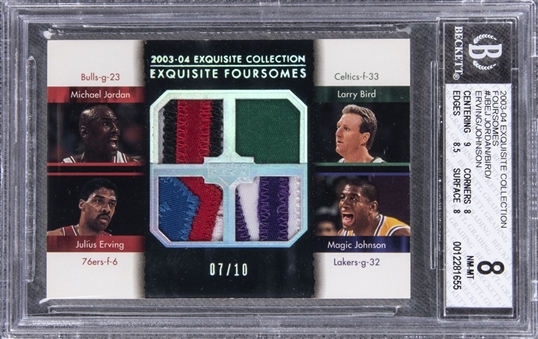 2003-04 UD "Exquisite Collection" Foursomes #JBEJ Michael Jordan/Larry Bird/Julius Erving/Magic Johnson Game Used Patch Card (#07/10) – BGS NM-MT 8
